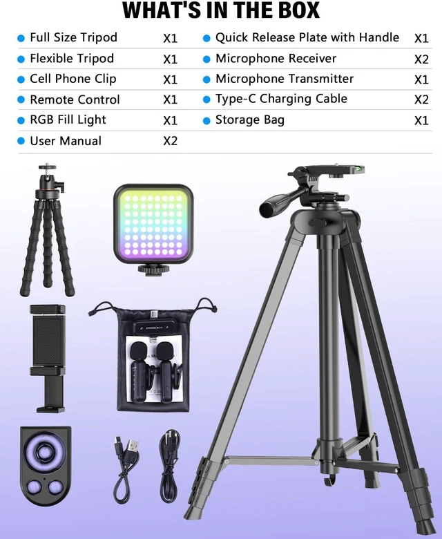 Alt view image 7 of 7 - Vlogging Kit for iPhone/Android, YouTube Starter Kit with Wireless Microphone/Camera Tripod/Flexible Tripod/RGB Fill Light, Content Creator Essentials Kits for TikTok Vlog Video Recording