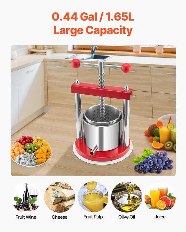 Alt view image 3 of 7 - 0.44 Gal/1.65L Fruit Wine Press, 2 Stainless Steel Barrels, Manual Juice Maker, Cider Grape Tincture Honey Olive Oil Making Press with T-Handle for Outdoor Kitchen Home