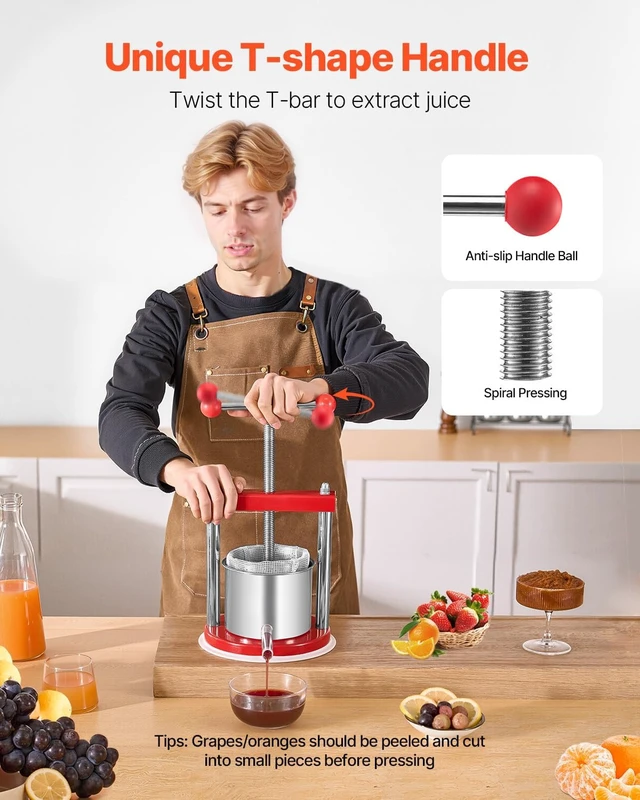 Alt view image 4 of 7 - 0.44 Gal/1.65L Fruit Wine Press, 2 Stainless Steel Barrels, Manual Juice Maker, Cider Grape Tincture Honey Olive Oil Making Press with T-Handle for Outdoor Kitchen Home