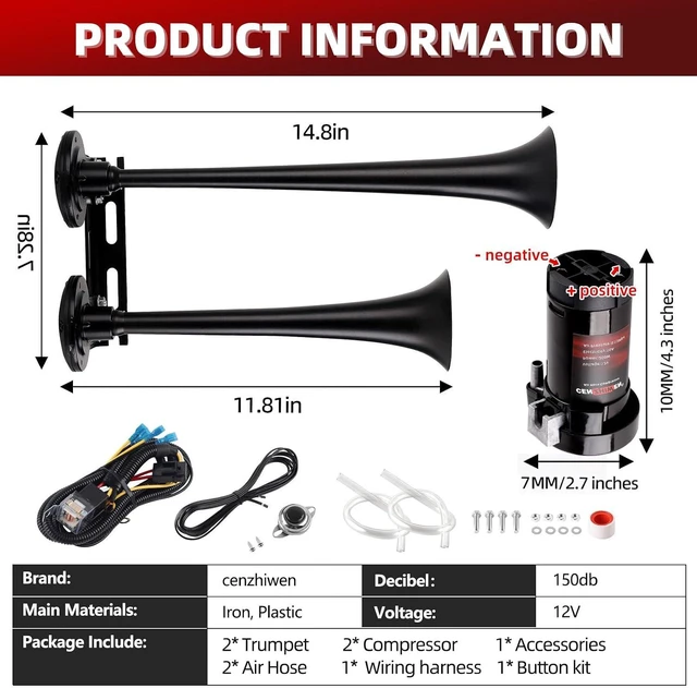 Alt view image 5 of 6 - 12V Metal 2-Trumpet Train Horn for Truck Kit with 2 Air Compressors