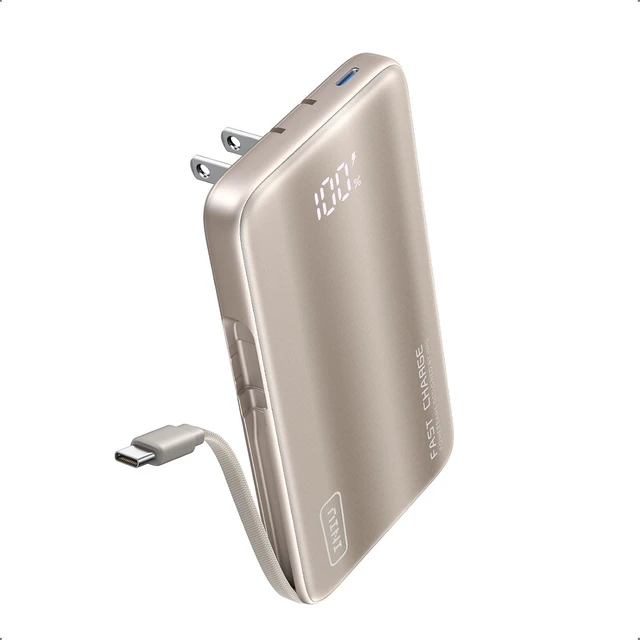 Main image of Portable Charger, Slim 45W Fast Charging Power Bank with Built-in AC Wall Plug 10000mAh GaN 3-in-1 Battery Pack, Light Gold