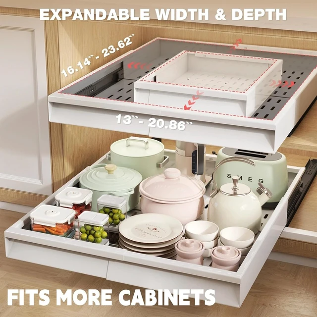 Alt view image 2 of 7 - Pull Out Cabinet Organizer, 4-Side Expandable to Fit Most Cabinets, 3 Rail Slide Out Drawers with Raising Pad for Framed & Frameless Cabinets, 13"-21" W x 17"-24" D, White, 2 Pack