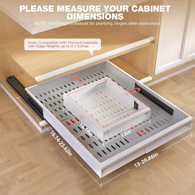 Alt view image 3 of 7 - Pull Out Cabinet Organizer, 4-Side Expandable to Fit Most Cabinets, 3 Rail Slide Out Drawers with Raising Pad for Framed & Frameless Cabinets, 13"-21" W x 17"-24" D, White, 2 Pack