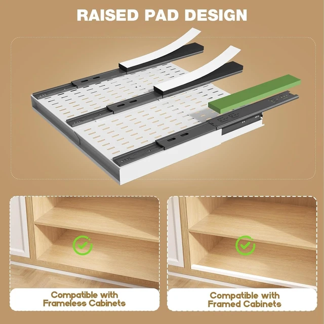 Alt view image 4 of 7 - Pull Out Cabinet Organizer, 4-Side Expandable to Fit Most Cabinets, 3 Rail Slide Out Drawers with Raising Pad for Framed & Frameless Cabinets, 13"-21" W x 17"-24" D, White, 2 Pack