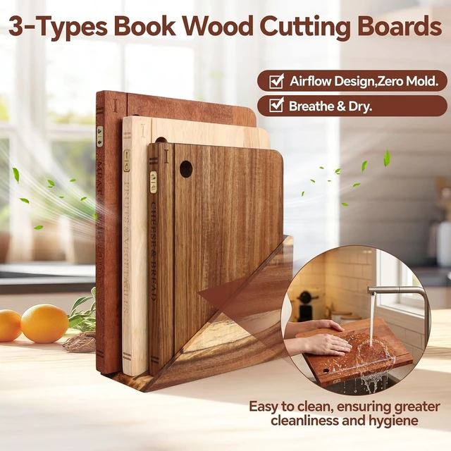 Alt view image 6 of 7 - Wood Book Cutting Board Set with Stand, Wooden Cutting Boards for Kitchen,Knife Friendly Decorative Board that Look Like Books, Easy to Store & Clean,Unique Gift for Book Lovers & Home Cooks