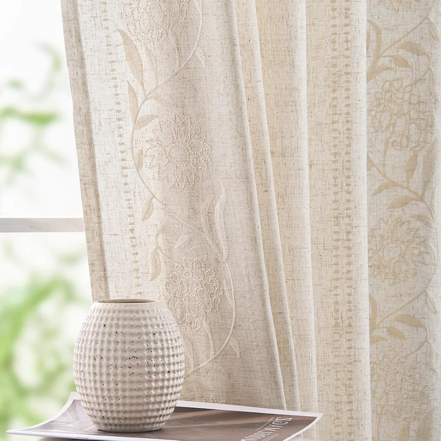 Main image of Ivory Floral Linen Curtains for Living Room 84" Back Tab 2 Panels