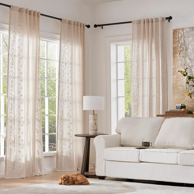 Alt view image 2 of 7 - Ivory Floral Linen Curtains for Living Room 84" Back Tab 2 Panels