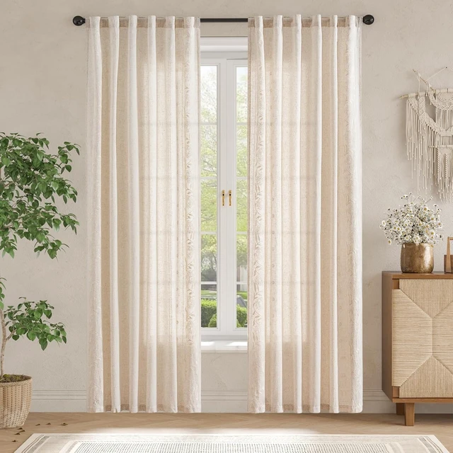 Alt view image 4 of 7 - Ivory Floral Linen Curtains for Living Room 84" Back Tab 2 Panels