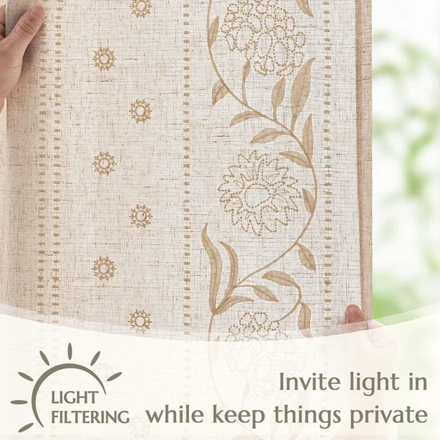 Alt view image 6 of 7 - Ivory Floral Linen Curtains for Living Room 84" Back Tab 2 Panels