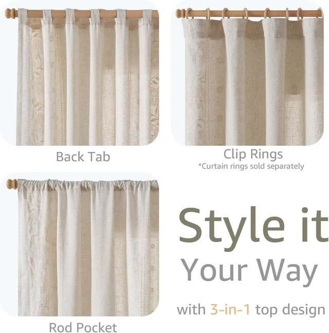 Alt view image 7 of 7 - Ivory Floral Linen Curtains for Living Room 84" Back Tab 2 Panels