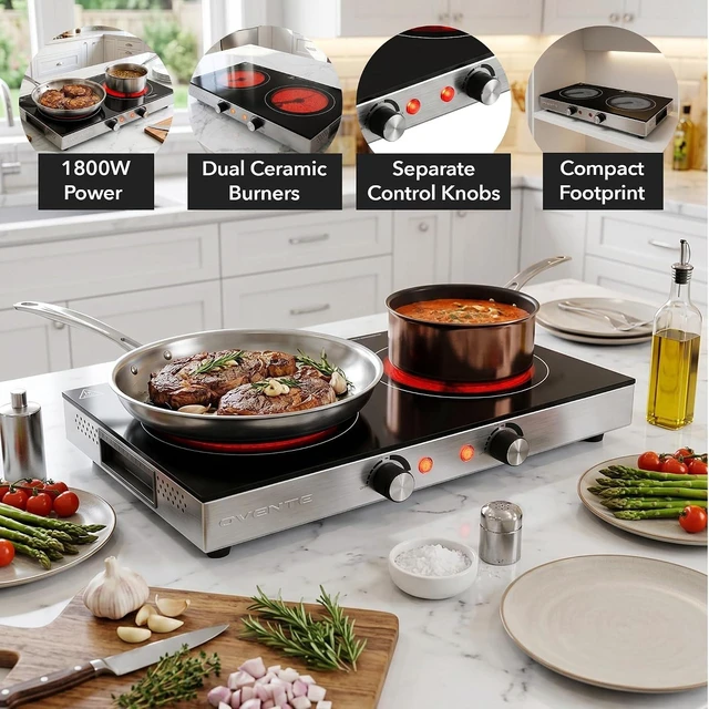 Alt view image 2 of 7 - Infrared Ceramic Double Burner, 1800W Hot Plate, Black BGI302GB