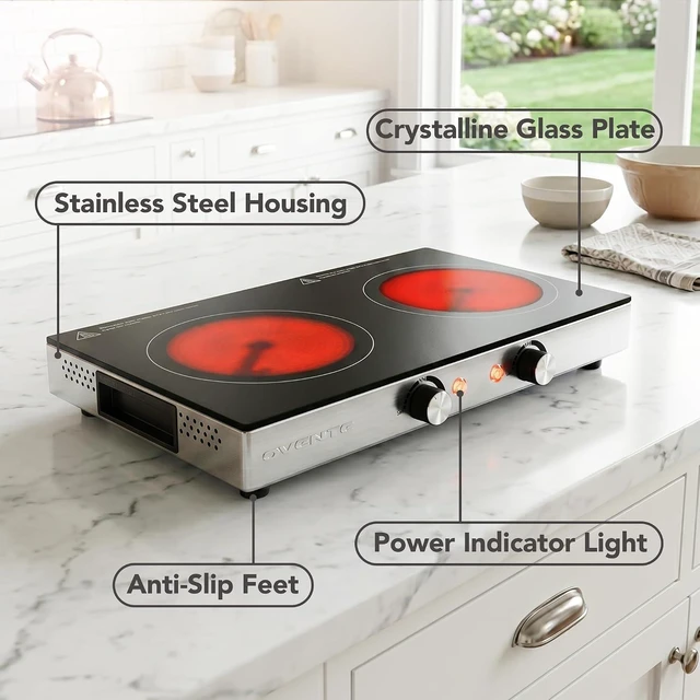 Alt view image 3 of 7 - Infrared Ceramic Double Burner, 1800W Hot Plate, Black BGI302GB