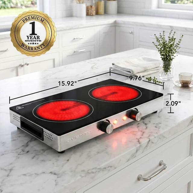 Alt view image 5 of 7 - Infrared Ceramic Double Burner, 1800W Hot Plate, Black BGI302GB