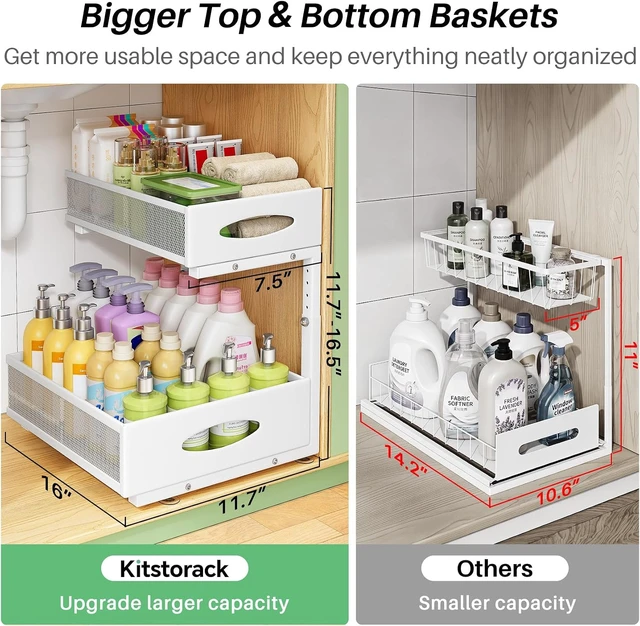 Alt view image 3 of 7 - Under Sink Organizer, 2-Pack Pull Out Cabinet Organizer 2 Tier Metal Slide Out Storage Shelf Rack, L-Shaped Adjustable Height,Mesh Sliding Drawer for Kitchen, Bathroom, Laundry, Pantry, White, XL