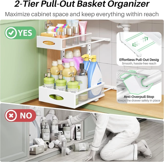 Alt view image 4 of 7 - Under Sink Organizer, 2-Pack Pull Out Cabinet Organizer 2 Tier Metal Slide Out Storage Shelf Rack, L-Shaped Adjustable Height,Mesh Sliding Drawer for Kitchen, Bathroom, Laundry, Pantry, White, XL