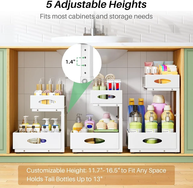 Alt view image 5 of 7 - Under Sink Organizer, 2-Pack Pull Out Cabinet Organizer 2 Tier Metal Slide Out Storage Shelf Rack, L-Shaped Adjustable Height,Mesh Sliding Drawer for Kitchen, Bathroom, Laundry, Pantry, White, XL