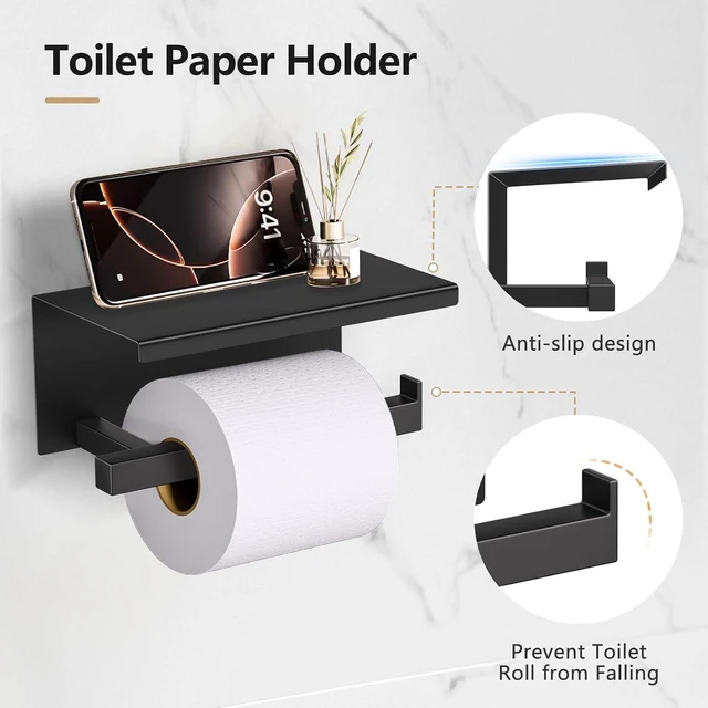 Alt view image 4 of 7 - 5-Pieces Matte Black Bathroom Hardware Accessories Set 23.6" SUS304 Stainless Steel Towel Bar Set Wall Mounted Square Toilet Paper Holder with Shelf