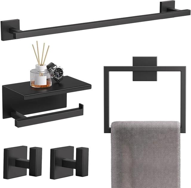 Main image of 5-Pieces Matte Black Bathroom Hardware Accessories Set 23.6" SUS304 Stainless Steel Towel Bar Set Wall Mounted Square Toilet Paper Holder with Shelf