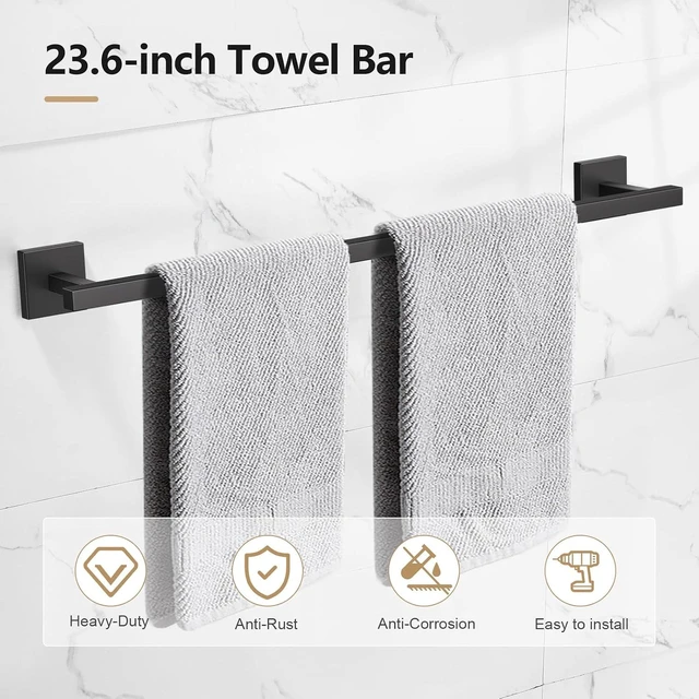 Alt view image 3 of 7 - 5-Pieces Matte Black Bathroom Hardware Accessories Set 23.6" SUS304 Stainless Steel Towel Bar Set Wall Mounted Square Toilet Paper Holder with Shelf
