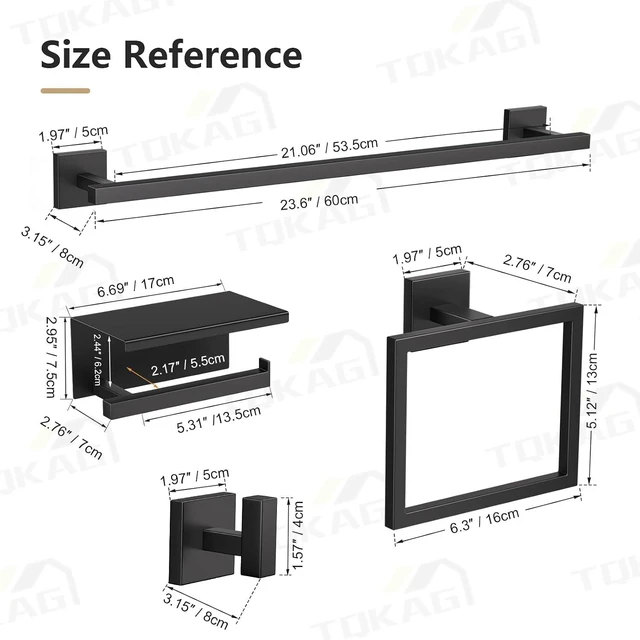 Alt view image 6 of 7 - 5-Pieces Matte Black Bathroom Hardware Accessories Set 23.6" SUS304 Stainless Steel Towel Bar Set Wall Mounted Square Toilet Paper Holder with Shelf