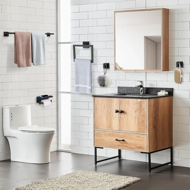 Alt view image 7 of 7 - 5-Pieces Matte Black Bathroom Hardware Accessories Set 23.6" SUS304 Stainless Steel Towel Bar Set Wall Mounted Square Toilet Paper Holder with Shelf