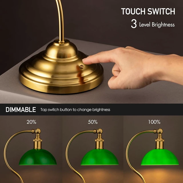 Alt view image 2 of 7 - Bankers - Cordless LED Table Lamp, Battery-Operated, Rechargeable, 3-Level Dimming, Universal USB-C Charging, 180° Swivel Head, Classic Green Glass Shade, Antique Brass