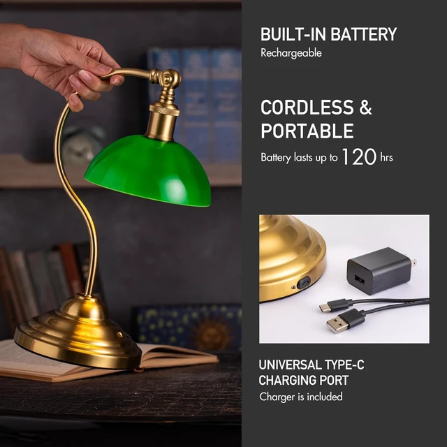 Alt view image 3 of 7 - Bankers - Cordless LED Table Lamp, Battery-Operated, Rechargeable, 3-Level Dimming, Universal USB-C Charging, 180° Swivel Head, Classic Green Glass Shade, Antique Brass