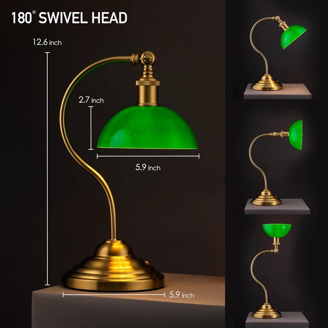 Alt view image 4 of 7 - Bankers - Cordless LED Table Lamp, Battery-Operated, Rechargeable, 3-Level Dimming, Universal USB-C Charging, 180° Swivel Head, Classic Green Glass Shade, Antique Brass