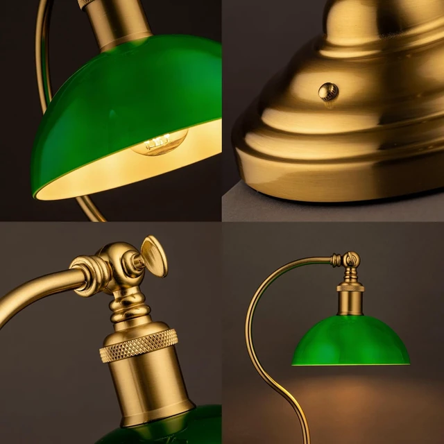 Alt view image 7 of 7 - Bankers - Cordless LED Table Lamp, Battery-Operated, Rechargeable, 3-Level Dimming, Universal USB-C Charging, 180° Swivel Head, Classic Green Glass Shade, Antique Brass