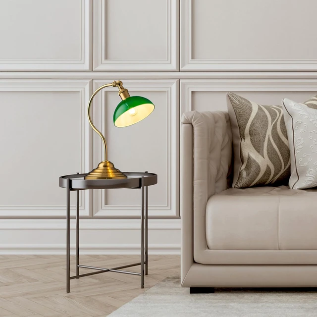 Alt view image 6 of 7 - Bankers - Cordless LED Table Lamp, Battery-Operated, Rechargeable, 3-Level Dimming, Universal USB-C Charging, 180° Swivel Head, Classic Green Glass Shade, Antique Brass