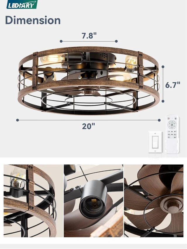 Alt view image 7 of 7 - 20" Caged Low Profile Ceiling Fan with Light and Remote Black Gold