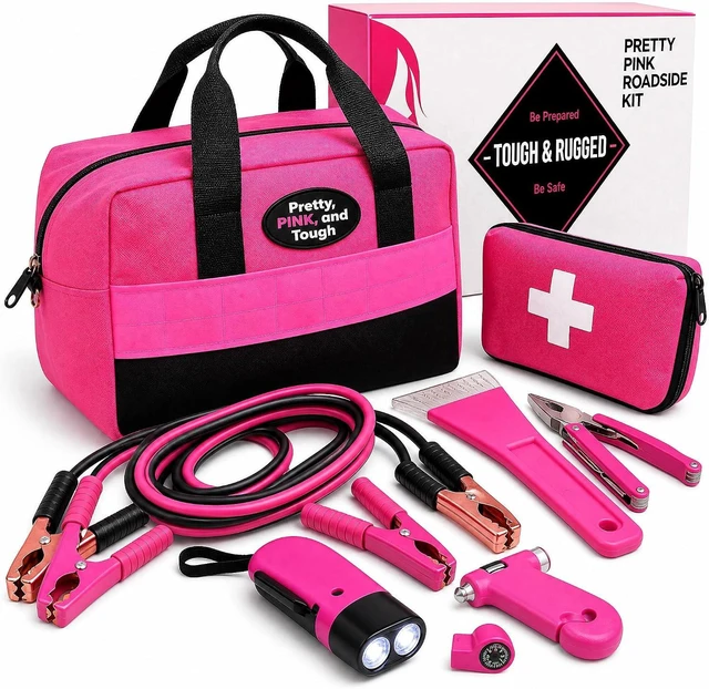 Main image of Pretty Pink Roadside Emergency Kit for Women & Teen Girls - Heavy-Duty Jumper Cables, First Aid Kit, Safety Tools, Flashlight, Ice Scraper - Complete Car Safety Bag