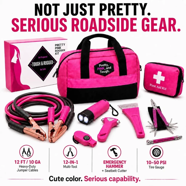 Alt view image 2 of 7 - Pretty Pink Roadside Emergency Kit for Women & Teen Girls - Heavy-Duty Jumper Cables, First Aid Kit, Safety Tools, Flashlight, Ice Scraper - Complete Car Safety Bag