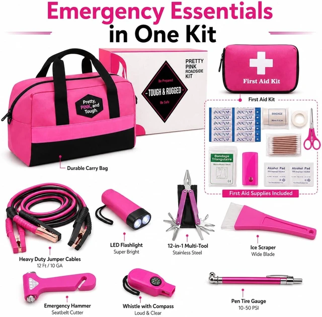 Alt view image 3 of 7 - Pretty Pink Roadside Emergency Kit for Women & Teen Girls - Heavy-Duty Jumper Cables, First Aid Kit, Safety Tools, Flashlight, Ice Scraper - Complete Car Safety Bag