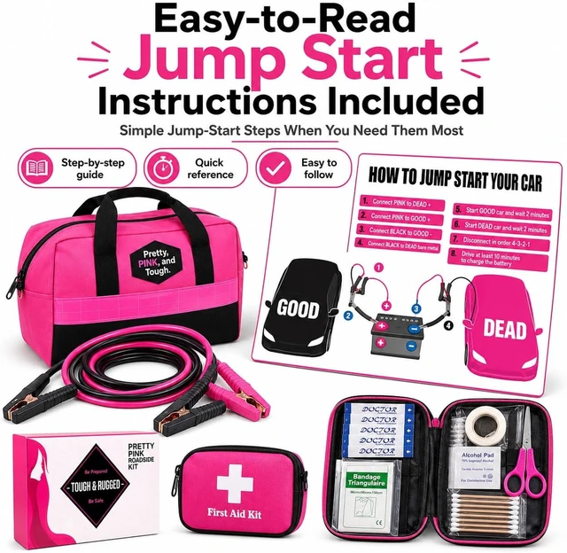 Alt view image 5 of 7 - Pretty Pink Roadside Emergency Kit for Women & Teen Girls - Heavy-Duty Jumper Cables, First Aid Kit, Safety Tools, Flashlight, Ice Scraper - Complete Car Safety Bag