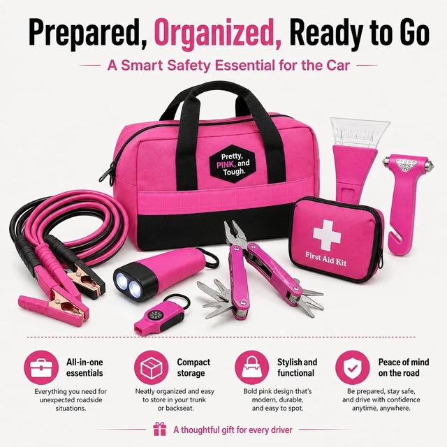 Alt view image 7 of 7 - Pretty Pink Roadside Emergency Kit for Women & Teen Girls - Heavy-Duty Jumper Cables, First Aid Kit, Safety Tools, Flashlight, Ice Scraper - Complete Car Safety Bag