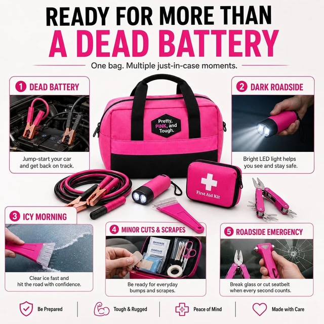 Alt view image 6 of 7 - Pretty Pink Roadside Emergency Kit for Women & Teen Girls - Heavy-Duty Jumper Cables, First Aid Kit, Safety Tools, Flashlight, Ice Scraper - Complete Car Safety Bag