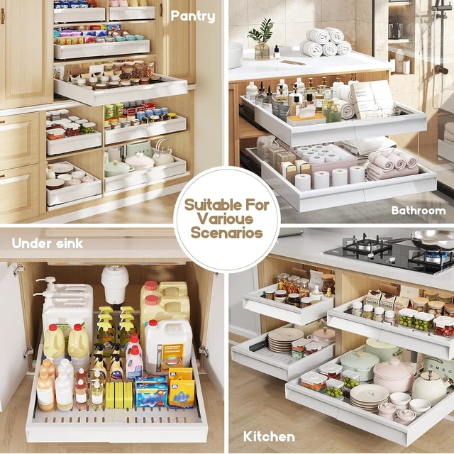 Alt view image 6 of 7 - Pull Out Cabinet Organizer, 4-Side Expandable to Fit Most Cabinets, 3 Rail Slide Out Drawers with Raising Pad for Framed & Frameless Cabinets, 13"-21" W x 17"-24" D, White, 2 Pack