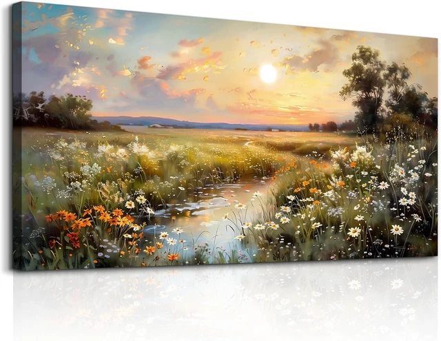 Alt view image 2 of 7 - Canvas Wall Art For Living Room Wall Decor For Bedroom Office Decorations Vintage Farmhouse Wildflower Wall Paintings Nature Landscape Picture Artwork Aesthetic Home Decor Ready To Hang