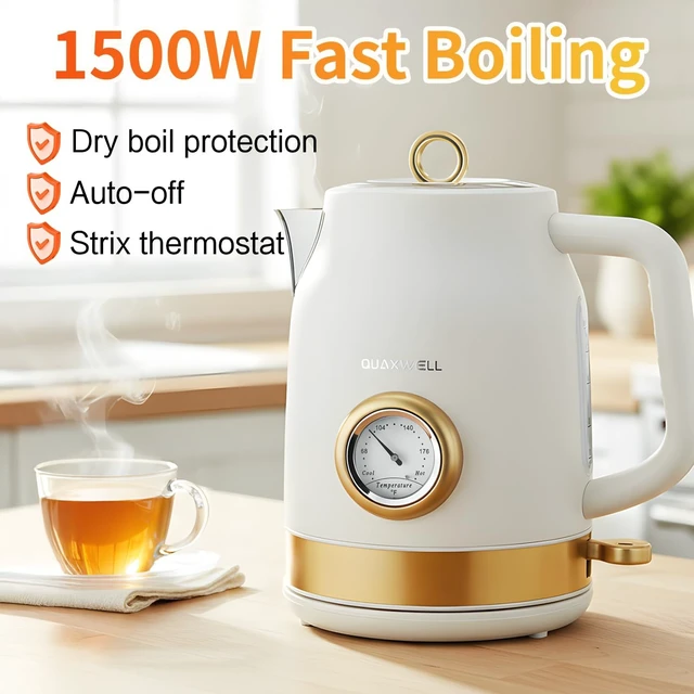 Alt view image 3 of 7 - Retro Electric Tea Kettle, 1.7L, Matte White and Gold