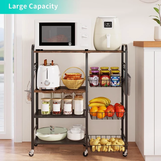 Alt view image 2 of 7 - Rolling Kitchen Microwave Cart - 4 Tier Microwave Table Stand with Pull-Out Baskets, Coffee Bar Baker's Rack with Wheels Rolling Storage Cart Organizer Shelf for Living Room Office, Balcony