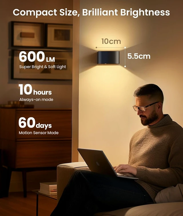 Alt view image 2 of 7 - 4 Pack Motion Sensor Wall Lamp with Remote Control 3 Colors Wireless Wall Light LED Indoor Up and Down Wall Sconce 5000mAh Rechargeable Battery Powered Wall Lamps Brightness Adjustable,Black