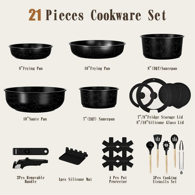 Alt view image 2 of 7 - 21Pcs Pots and Pans Set Non Stick, Nonstick Ceramic Cookware Sets Detachable Handle, Non Toxic Healthy Induction Cookware, Kitchen Cooking Set, with Frying Pans Set, Dishwasher/Oven Safe