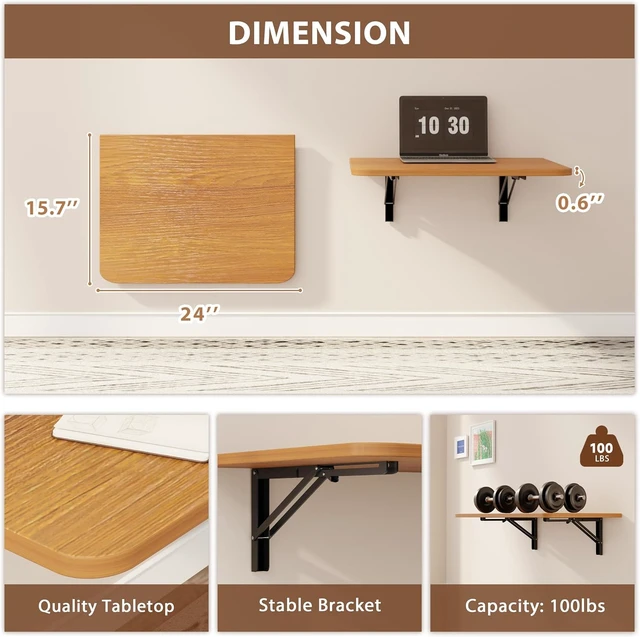 Alt view image 3 of 7 - Wall Mounted Folding Table 24x15.7 in - 100LB Capacity