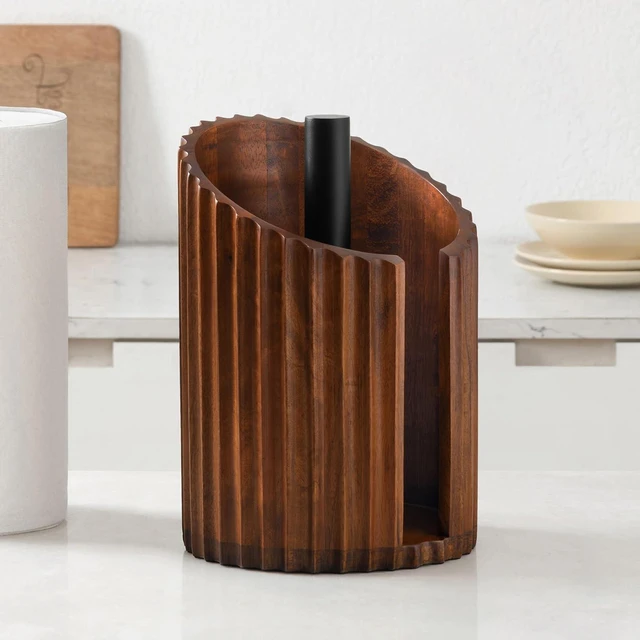 Main image of Wooden Paper Towel Holder with Metal Holder, Holder Stand for Kitchen Roll Organizer & Kitchen Dining Table Home Décor, Countertop Fits Jumbo & Mega Rolls - Walnut/Black, Fluted