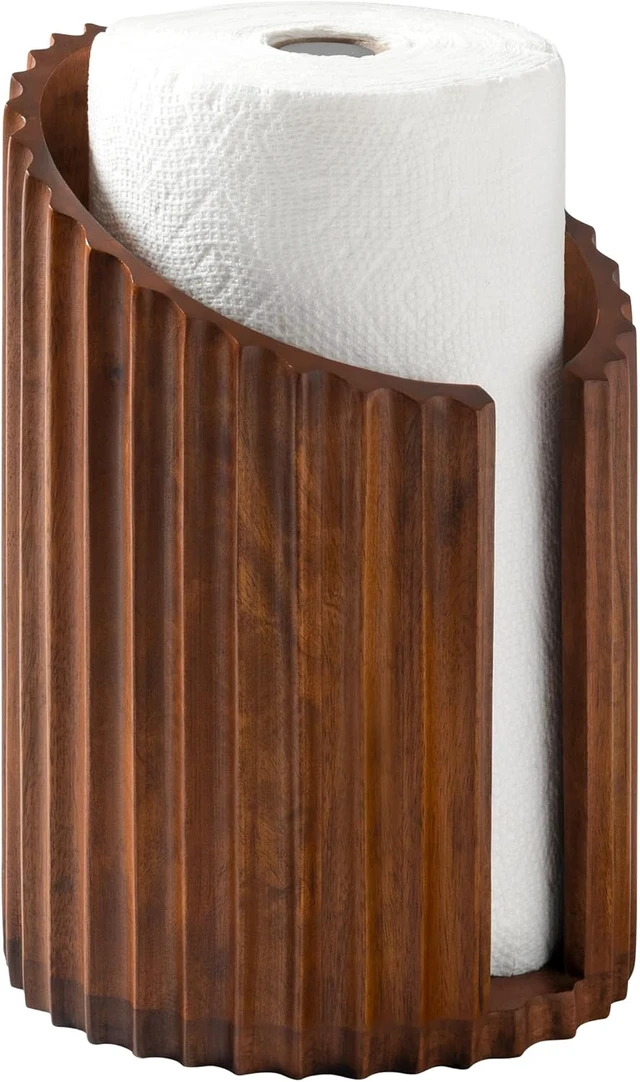 Alt view image 2 of 7 - Wooden Paper Towel Holder with Metal Holder, Holder Stand for Kitchen Roll Organizer & Kitchen Dining Table Home Décor, Countertop Fits Jumbo & Mega Rolls - Walnut/Black, Fluted