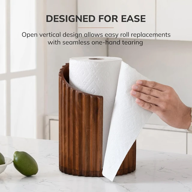 Alt view image 5 of 7 - Wooden Paper Towel Holder with Metal Holder, Holder Stand for Kitchen Roll Organizer & Kitchen Dining Table Home Décor, Countertop Fits Jumbo & Mega Rolls - Walnut/Black, Fluted