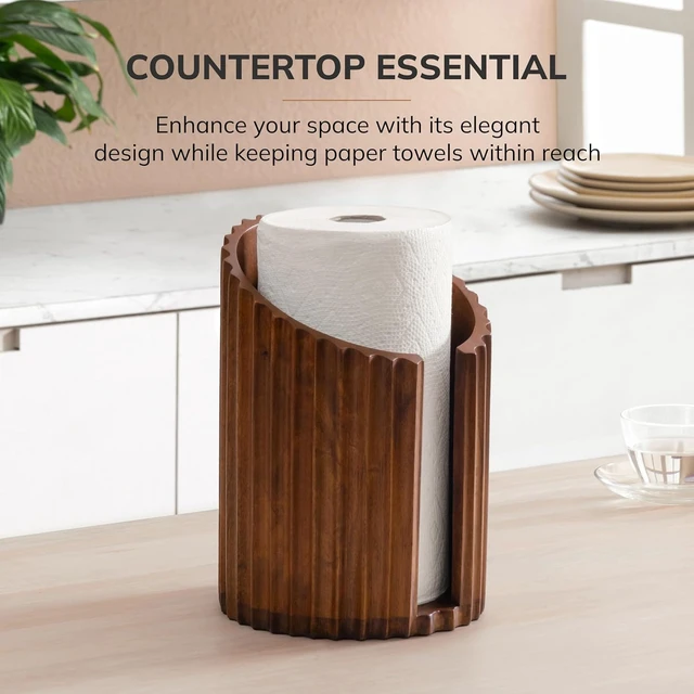 Alt view image 6 of 7 - Wooden Paper Towel Holder with Metal Holder, Holder Stand for Kitchen Roll Organizer & Kitchen Dining Table Home Décor, Countertop Fits Jumbo & Mega Rolls - Walnut/Black, Fluted