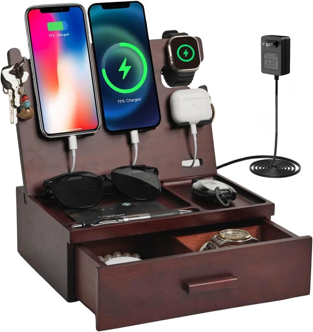 Main image of Nightstand Organizer with Drawer Built in 4 USB Quick Charger, Wood Phone Docking Station with Dual Phone Charging Station for Android Phones Anniversary Birthday Gifts for Men Dad Hunsband Mom
