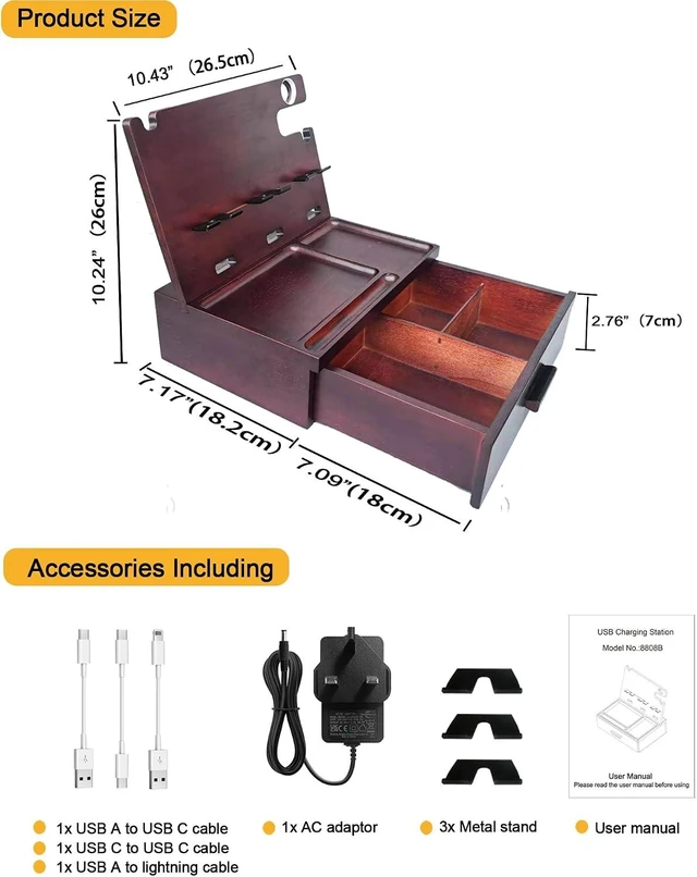 Alt view image 5 of 7 - Nightstand Organizer with Drawer Built in 4 USB Quick Charger, Wood Phone Docking Station with Dual Phone Charging Station for Android Phones Anniversary Birthday Gifts for Men Dad Hunsband Mom